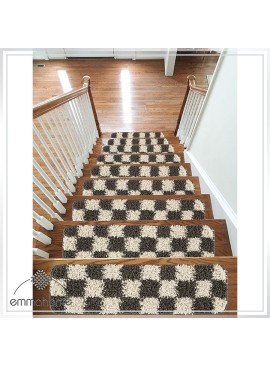 Stair Treads Mat Non Slip Skid Cleaning Machine Washable, Shaggy Chess 20x65cm-15pc in Box