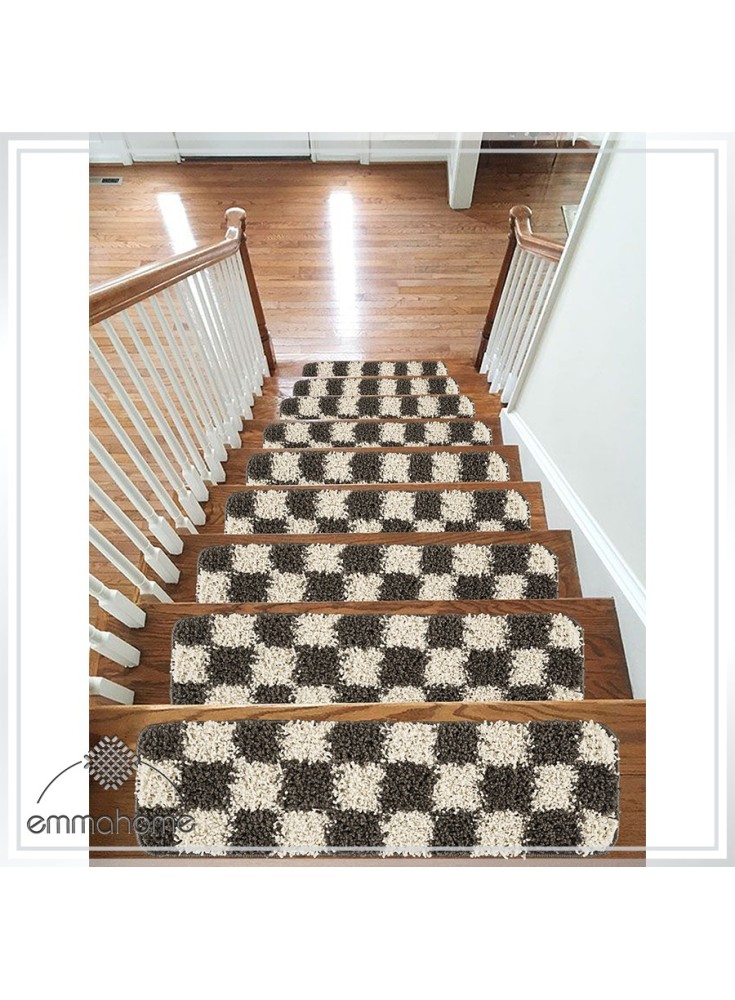 Stair Treads Mat Non Slip Skid Cleaning Machine Washable, Shaggy Chess 20x65cm-15pc in Box